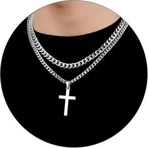 SENRAN Layered 16-24 inch Christian Cross Pendant Necklace for Men - Silver